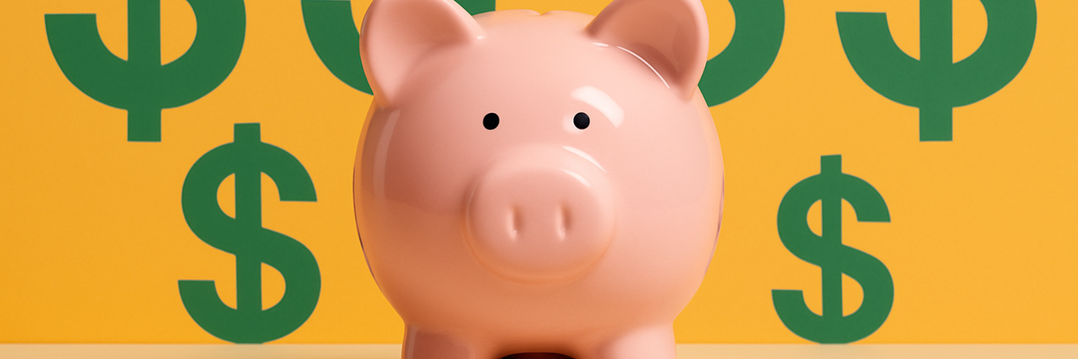 A piggy bank on yellow background with green dollar signs.