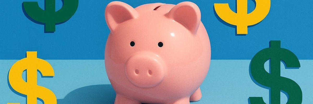 A pink piggy bank on a blue background with green and yellow dollar signs.