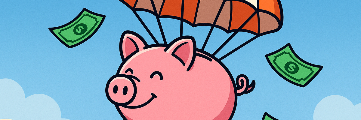A piggy bank parachuting from the sky as money floats down around it.