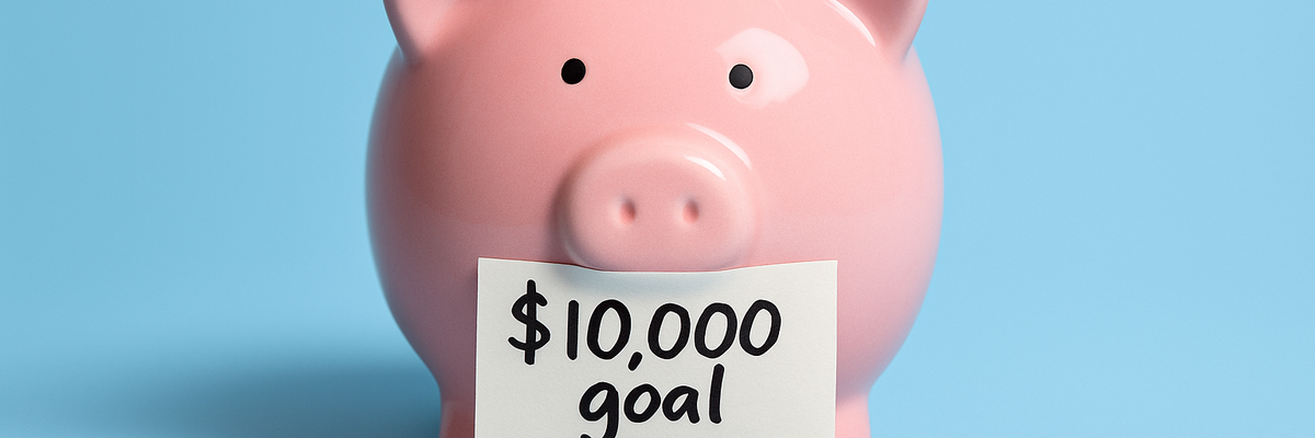 A piggy bank with handwritten sicky note saying $10k goal on a baby blue background.