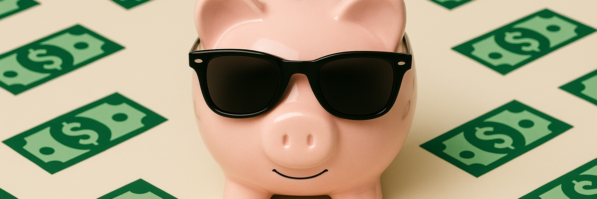 A piggy bank wearing sunglasses on a beiger background with dollar bills.