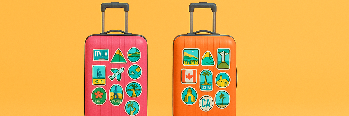 A pink suitcase and orange suitcase with stickers against yellow background.