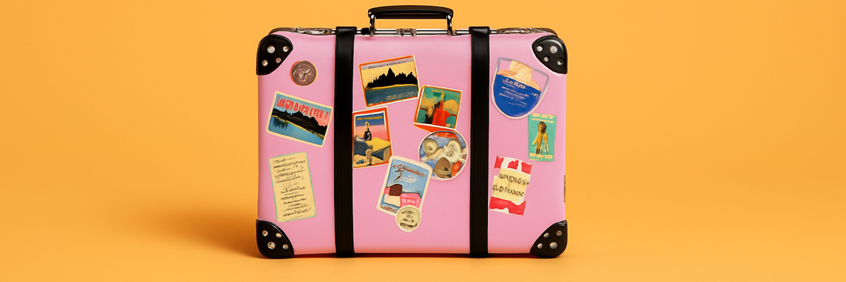 A pink suitcase with travel stickers on a light orange background.