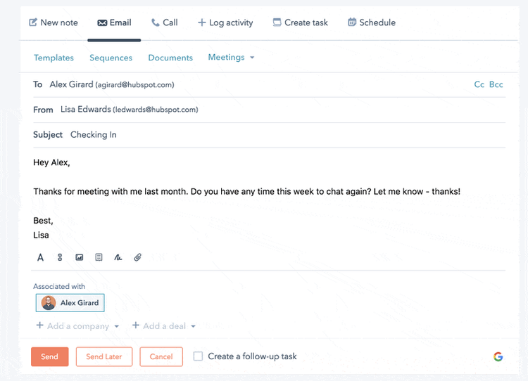 A sample email in the HubSpot CRM interface.