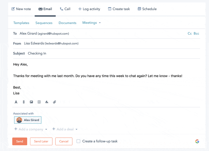 A sample email in the HubSpot CRM interface.