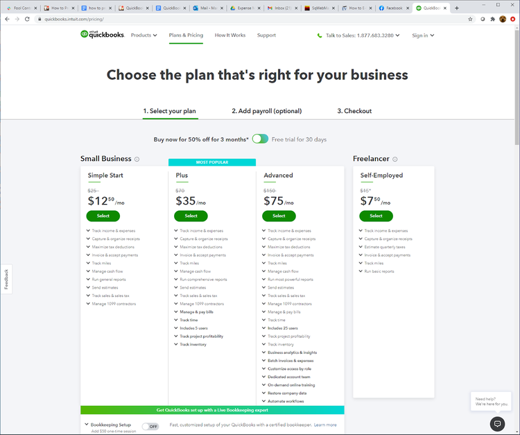 A screenshot of QuickBooks Online’s plans and pricing.