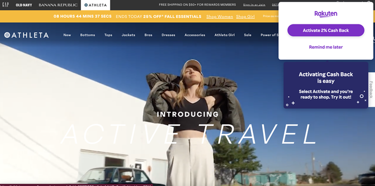 Rakuten "activate cash back" popup on retailer website.