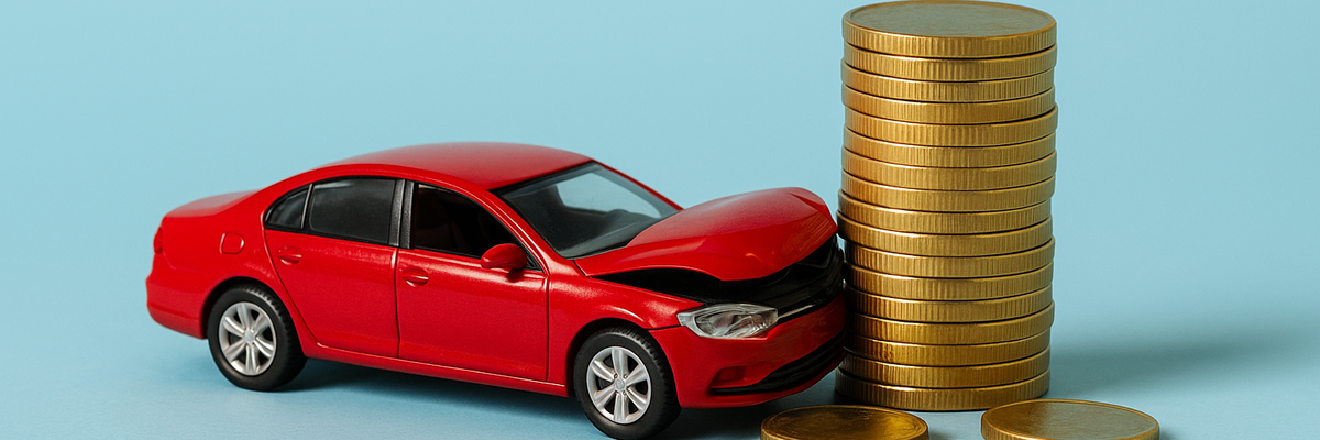 A red car crashed into a stack of gold coins on blue background.