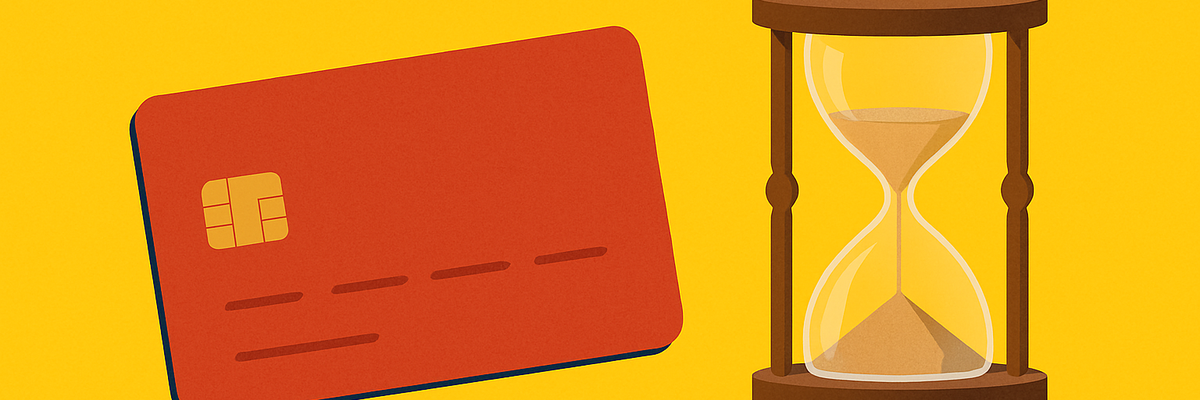 A red credit card and hourglass against yellow background.