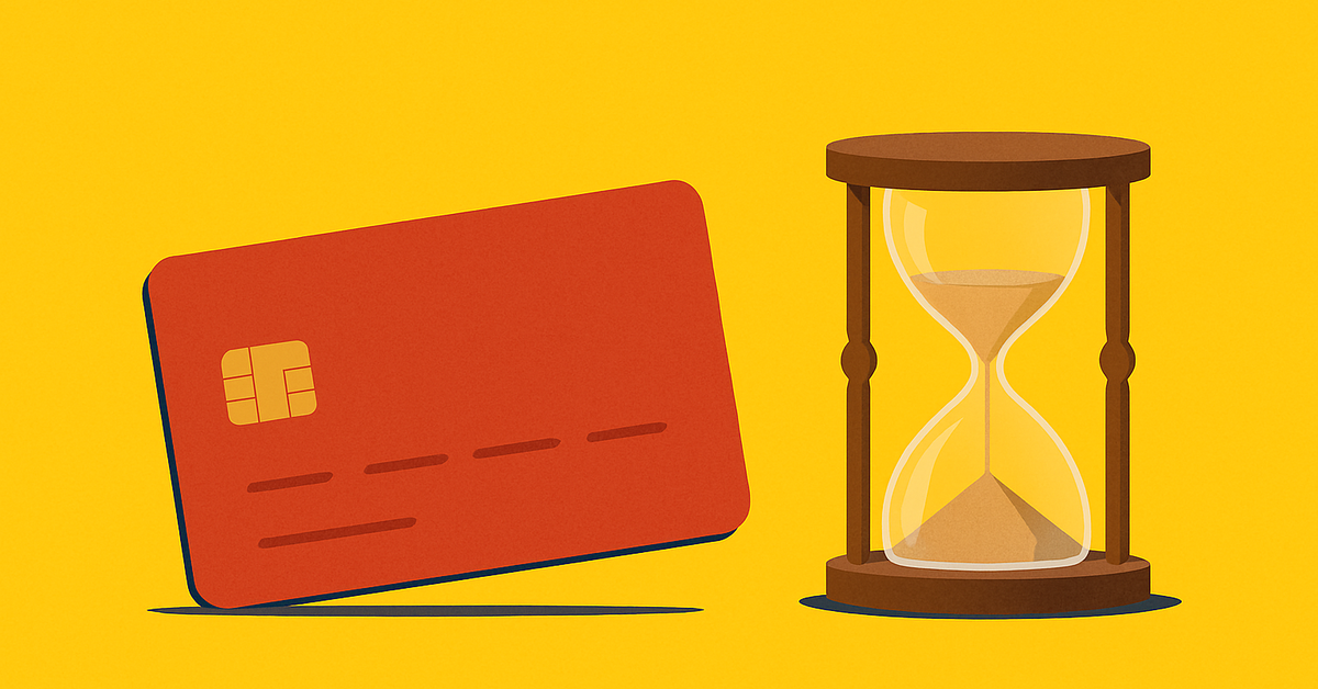 A red credit card and hourglass against yellow background.