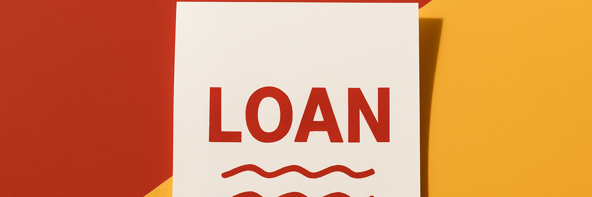 The word "loan" written in red on a piece of paper with red and yellow background.