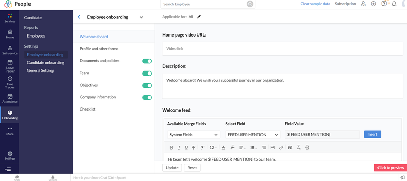 Zoho People’s onboarding functionality showing the screen where you create a welcome message.