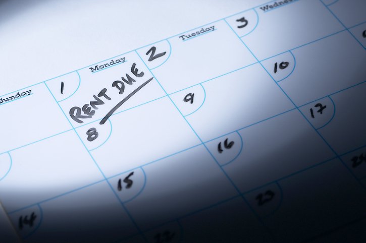 A calendar with "rent due" written on the first of the month