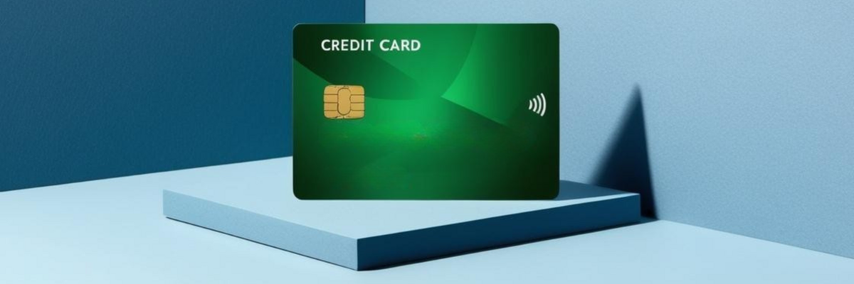 A green generic credit card sits on a slight pedestal in a corner.
