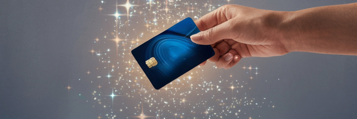 A hand holding a generic blue credit card with sparkles falling all around it.