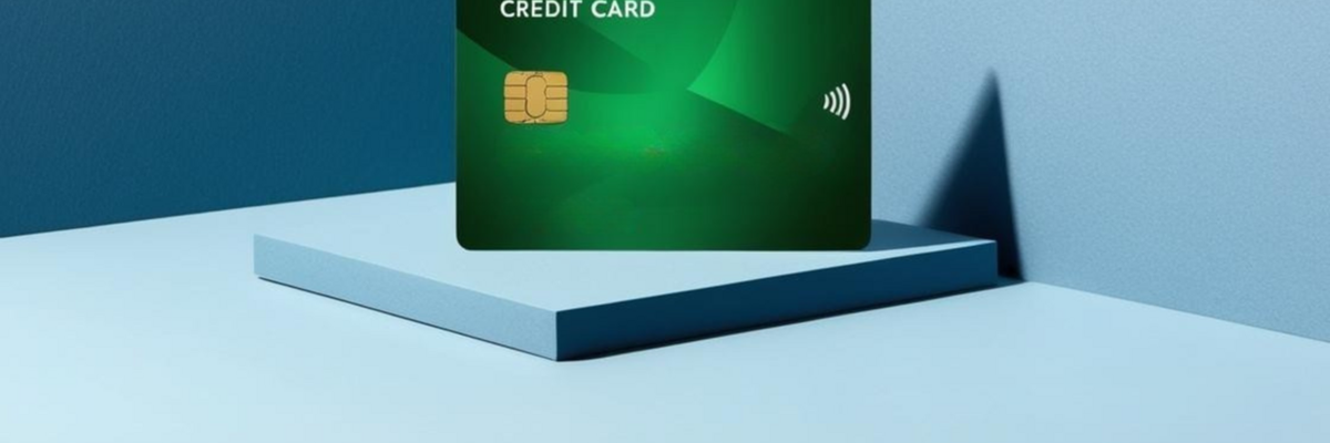 A green generic credit card sits on a slight pedestal in a corner.