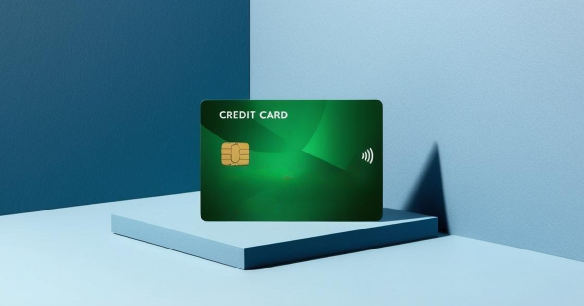 A green generic credit card sits on a slight pedestal in a corner.