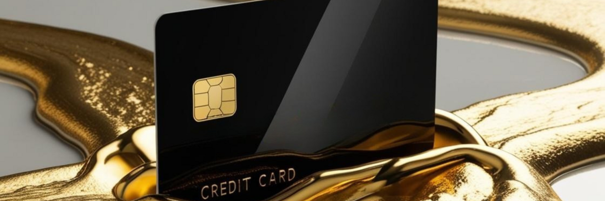 A generic black credit card in a stream of gold.