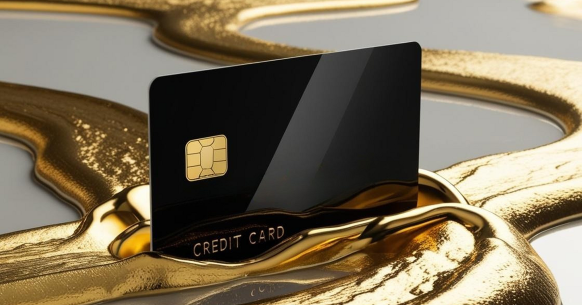 A generic black credit card in a stream of gold.