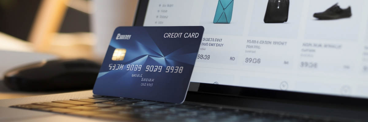 A generic credit card sits on a laptop keyboard with a shopping website pulled up on the screen.