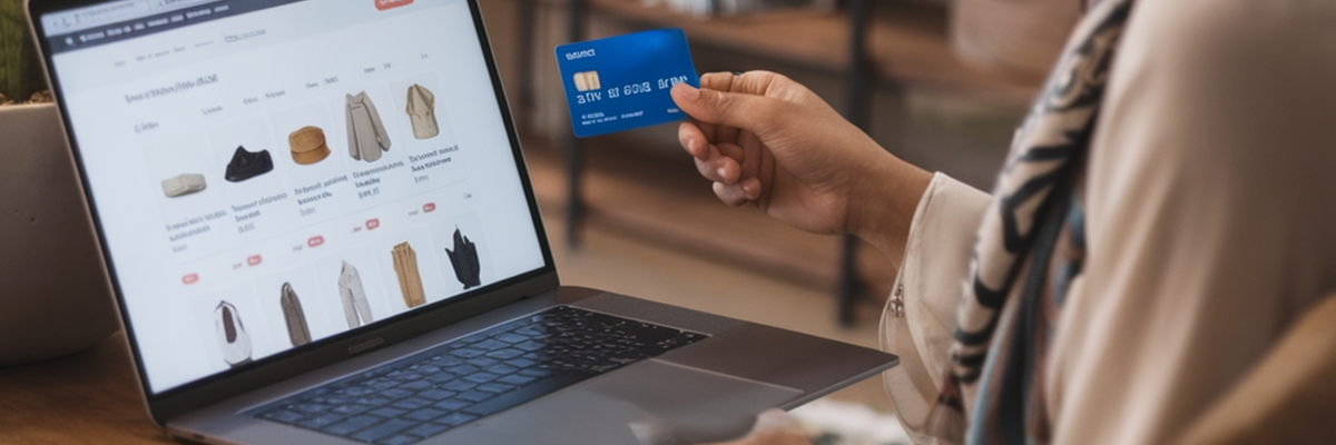 A person holds a credit card while shopping online from a laptop.