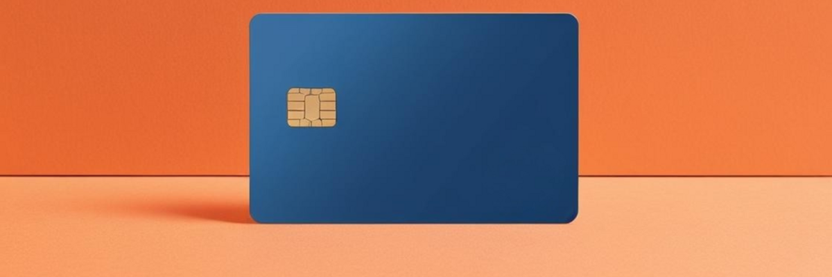 A plain blue credit card in front of an orange background.