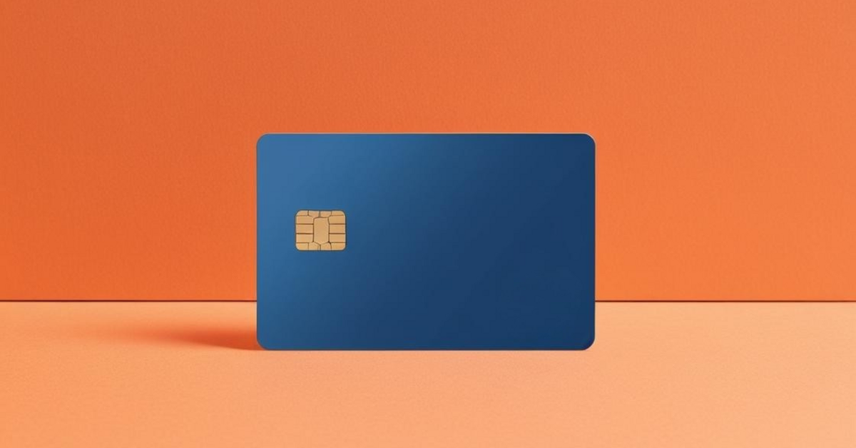 A plain blue credit card in front of an orange background.
