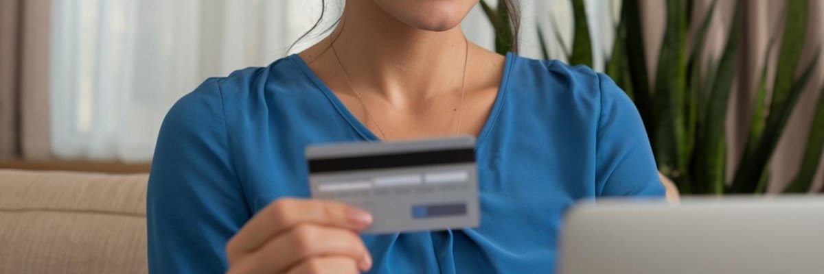 Woman with glasses holds credit card while using laptop.