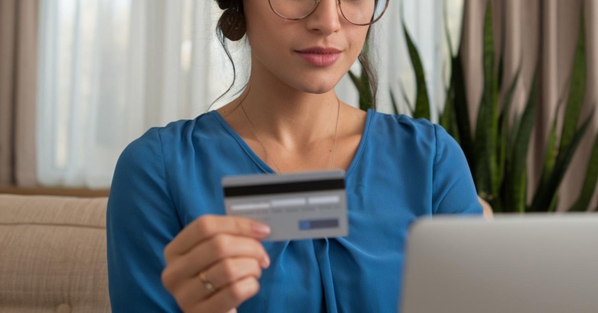 Woman with glasses holds credit card while using laptop.