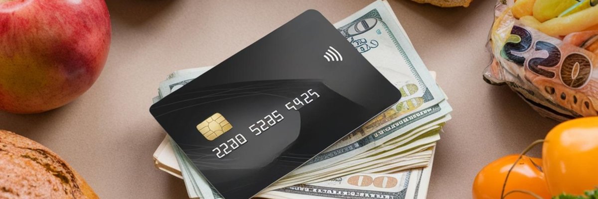 A black generic credit card on top of cash and surrounded by groceries.