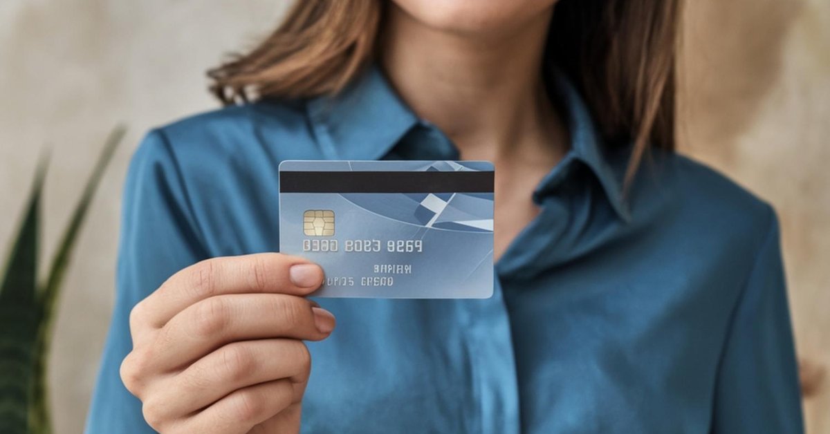 Woman in blue holds up a generic credit card.