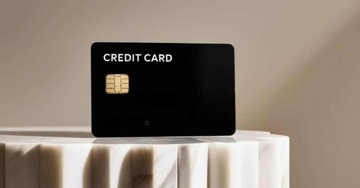 A plain black credit card sits on a marble ledge.