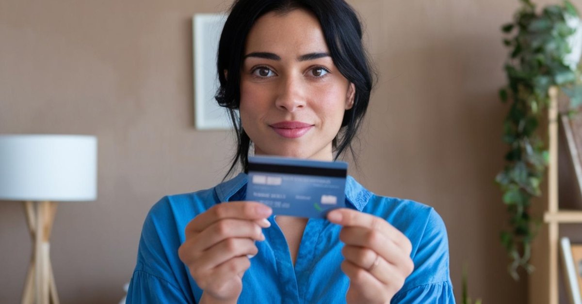 Woman in blue holding up a credit card with two hands.