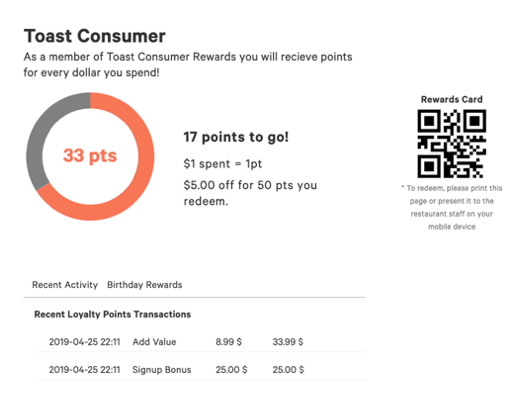 Example image of the Toast rewards program showing the number of points one has, past transactions and a QR code to redeem points.