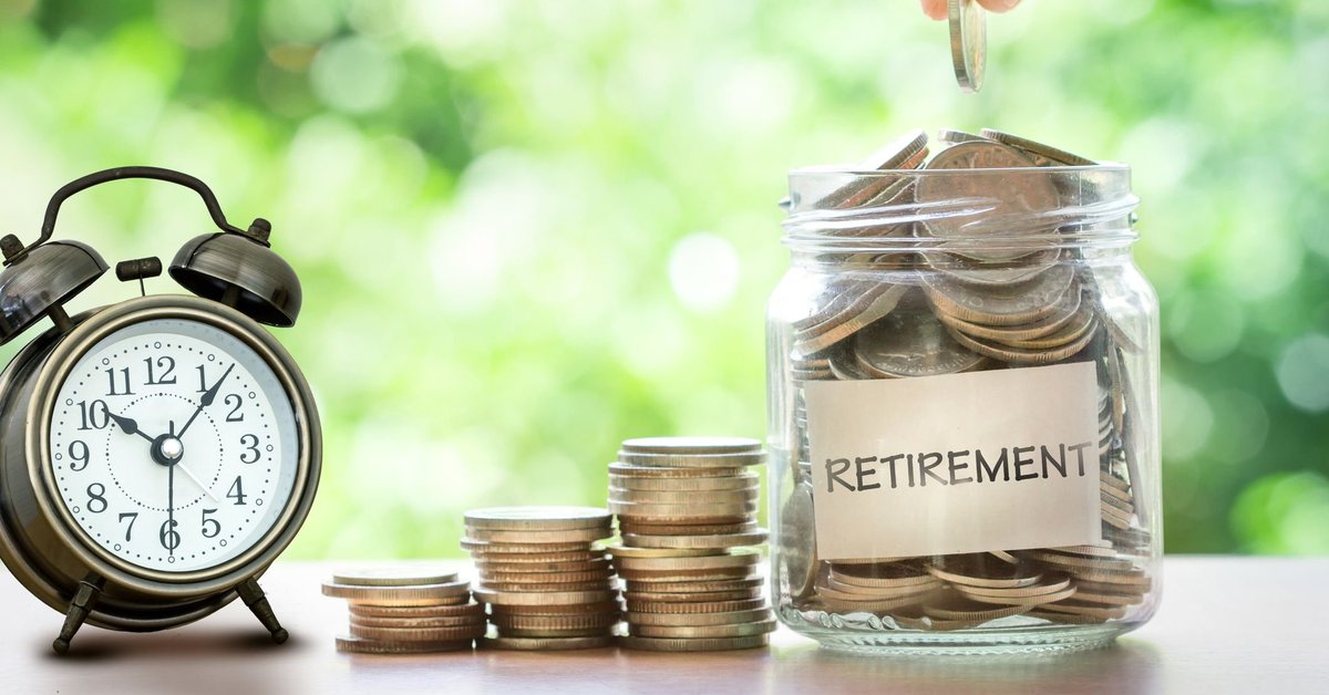A clock and a stack of coins next to a jar labeled retirement.