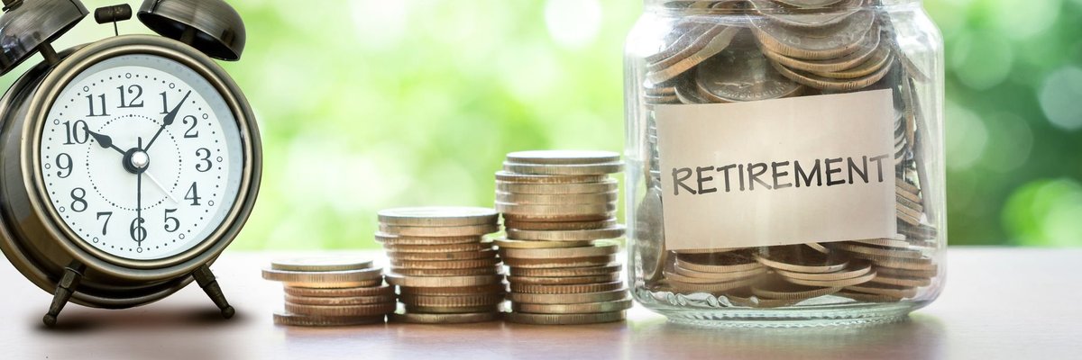 A clock and a stack of coins next to a jar labeled retirement.