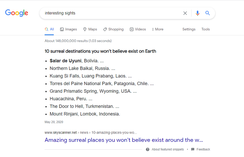 A Google search results page for interesting sights.