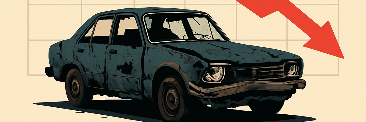 A run down car over top a background showing a downward trending line chart.