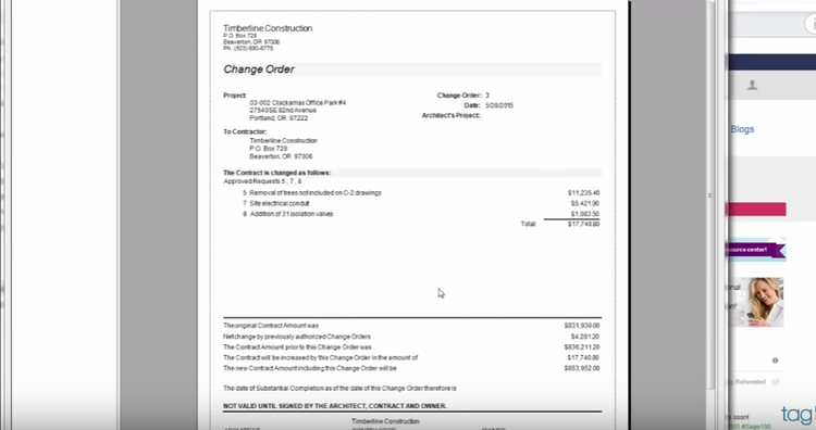Example of Sage 300 Construction&#x27;s change order form