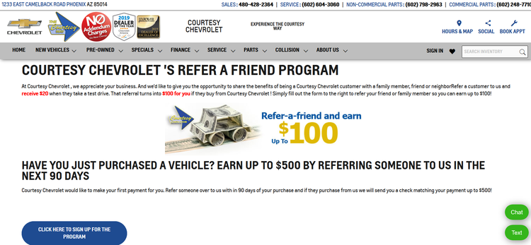 Screenshot of a Phoenix car dealership customers incentive program.