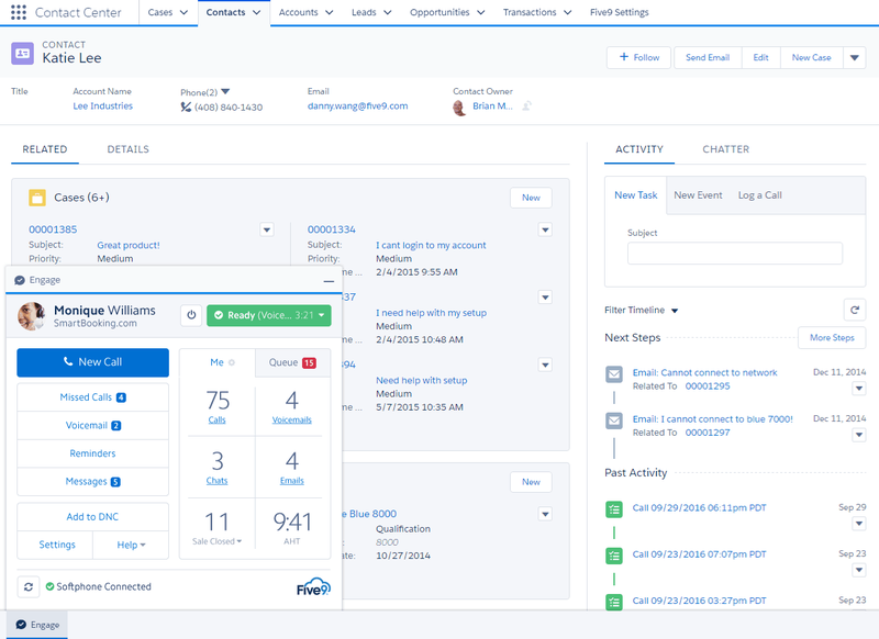 Salesforce CRM contact page with detailed information and a popup window to handle phone calls within the application.