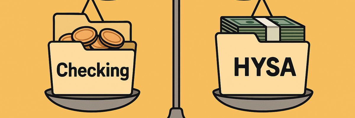 A scale with checking and coins on one side and HYSA and bills on the other end on a yellow background.
