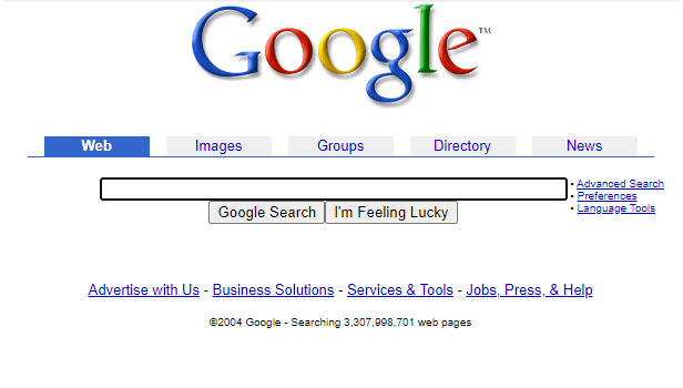 A screenshot of a 2004 Google search page from the Wayback Machine.