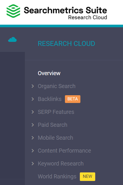 Screenshot of the Research cloud menu.
