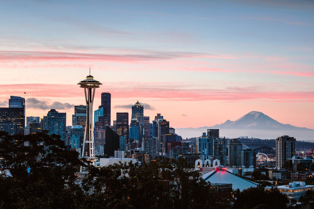 Seattle, Washington skyline at sunrise.