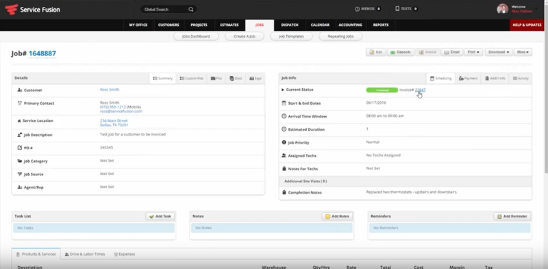 Screenshot of Service Fusion’s job dashboard