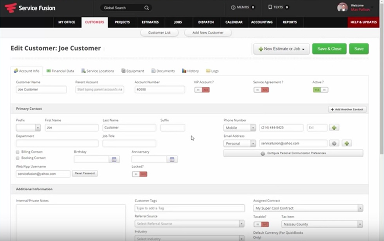 Service Fusion&#x27;s customer profile page with detailed data including contact information, financial data, service locations, history, etc.
