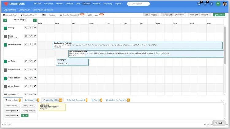 Service Fusion&#x27;s dispatch screen with a column listing field worker names corresponding with a calendar to help view schedules.
