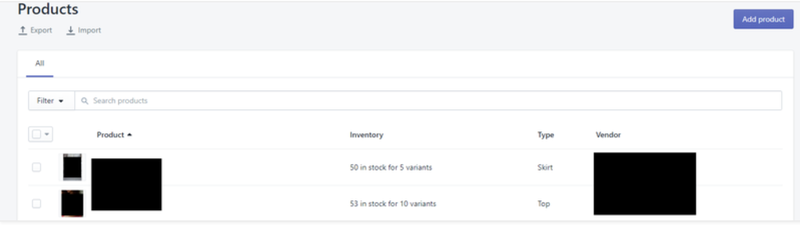 Shopify's product inventory list for e-commerce shops.