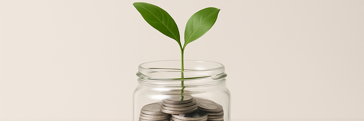 Silver coins in a jar with small green plant seedling coming our top on cream background.